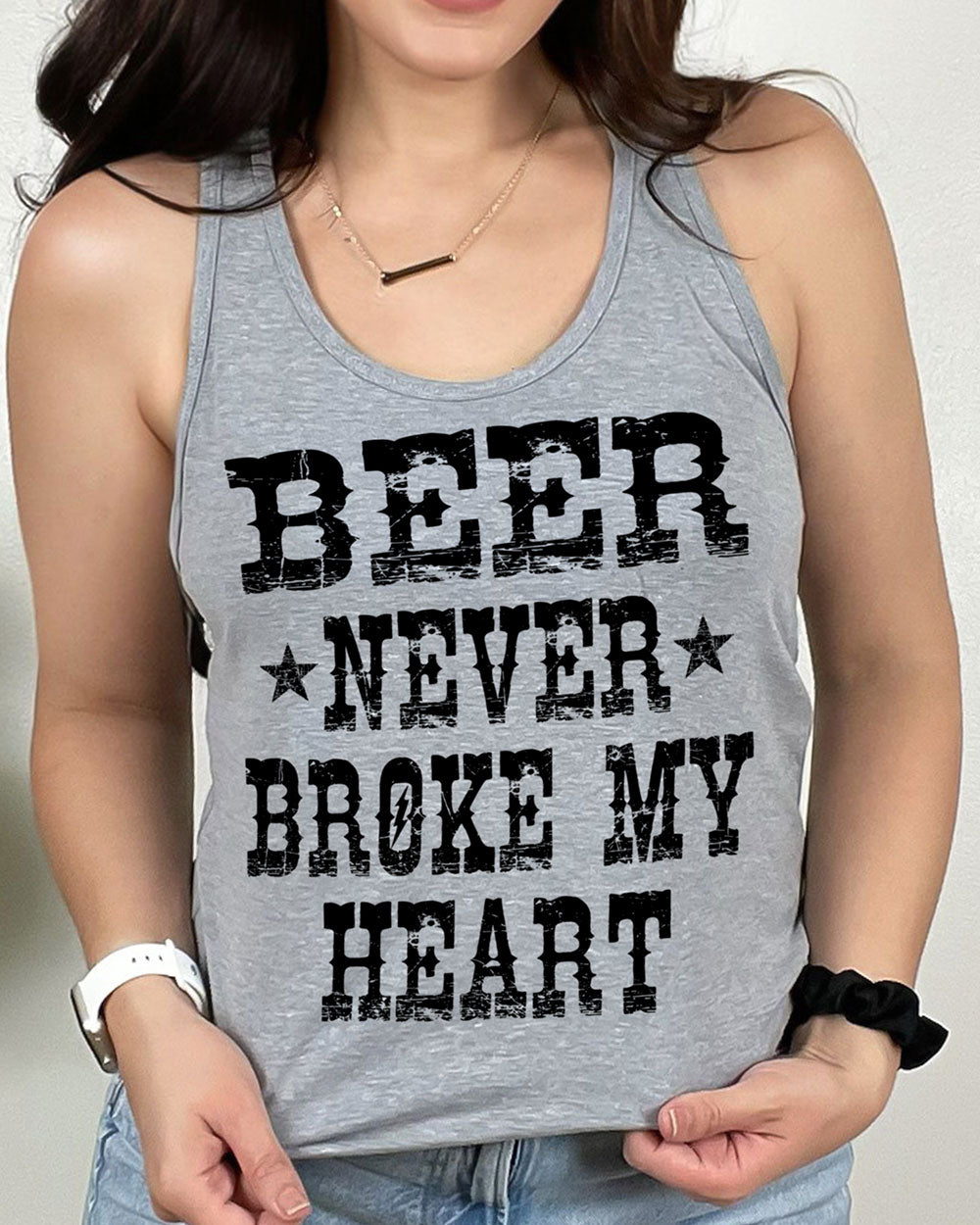 Beer Never Broke My Heart Tank Top - Women's Casual Sleeveless Drinking Tank, Soft Cotton Blend