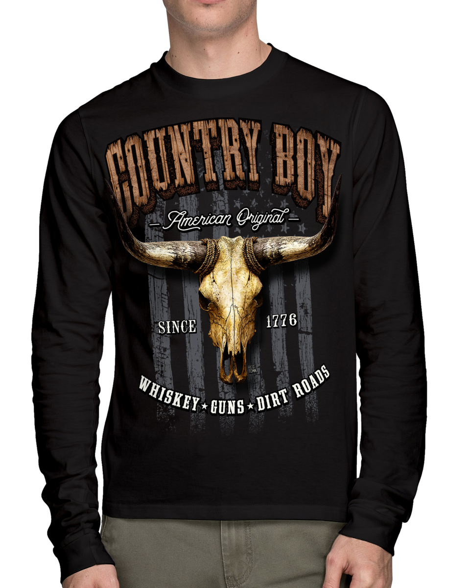 Country Boy Men's Long Sleeve Tee Whiskey Guns Dirt Roads Country